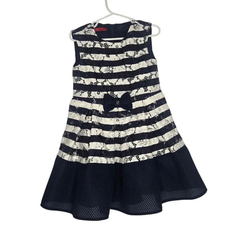 Carolina Herrera Girl Formal Dress Size 4 Lace Striped Navy White Wedding Guest
